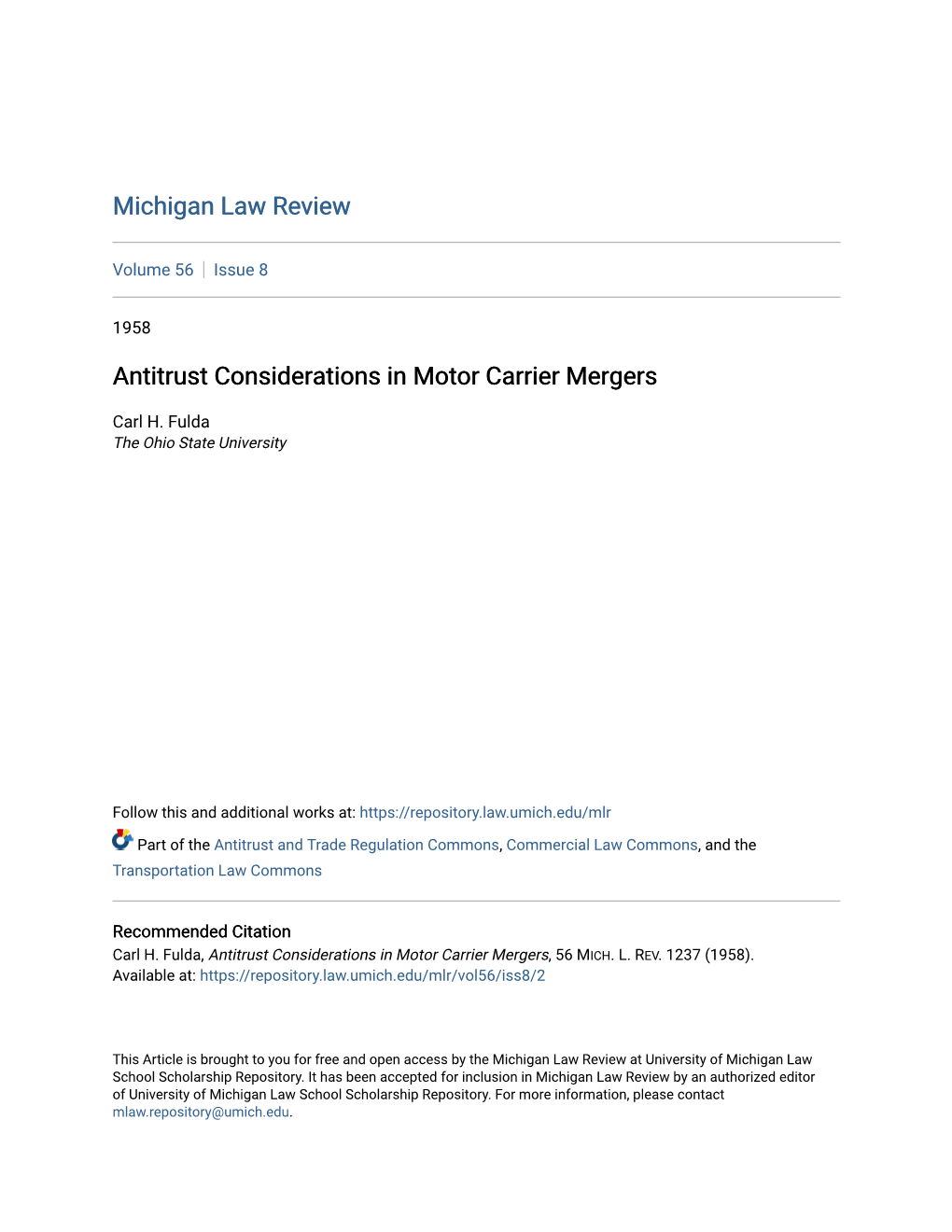 Antitrust Considerations in Motor Carrier Mergers