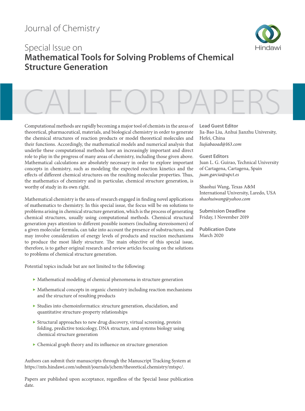 Journal of Chemistry Special Issue on Mathematical Tools for Solving