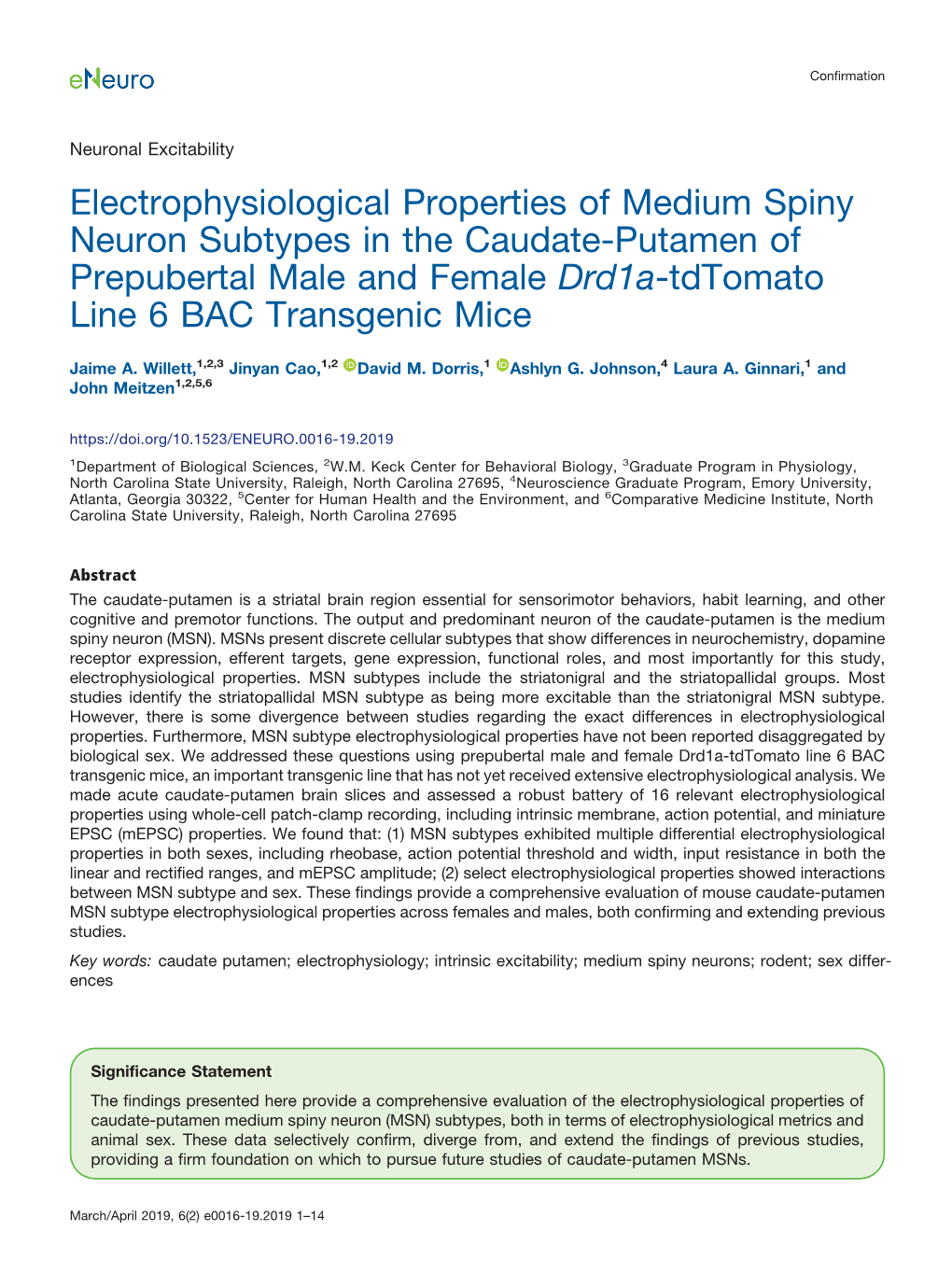 Electrophysiological Properties of Medium Spiny Neuron Subtypes in the Caudate-Putamen of Prepubertal Male and Female Drd1a-Tdtomato Line 6 BAC Transgenic Mice