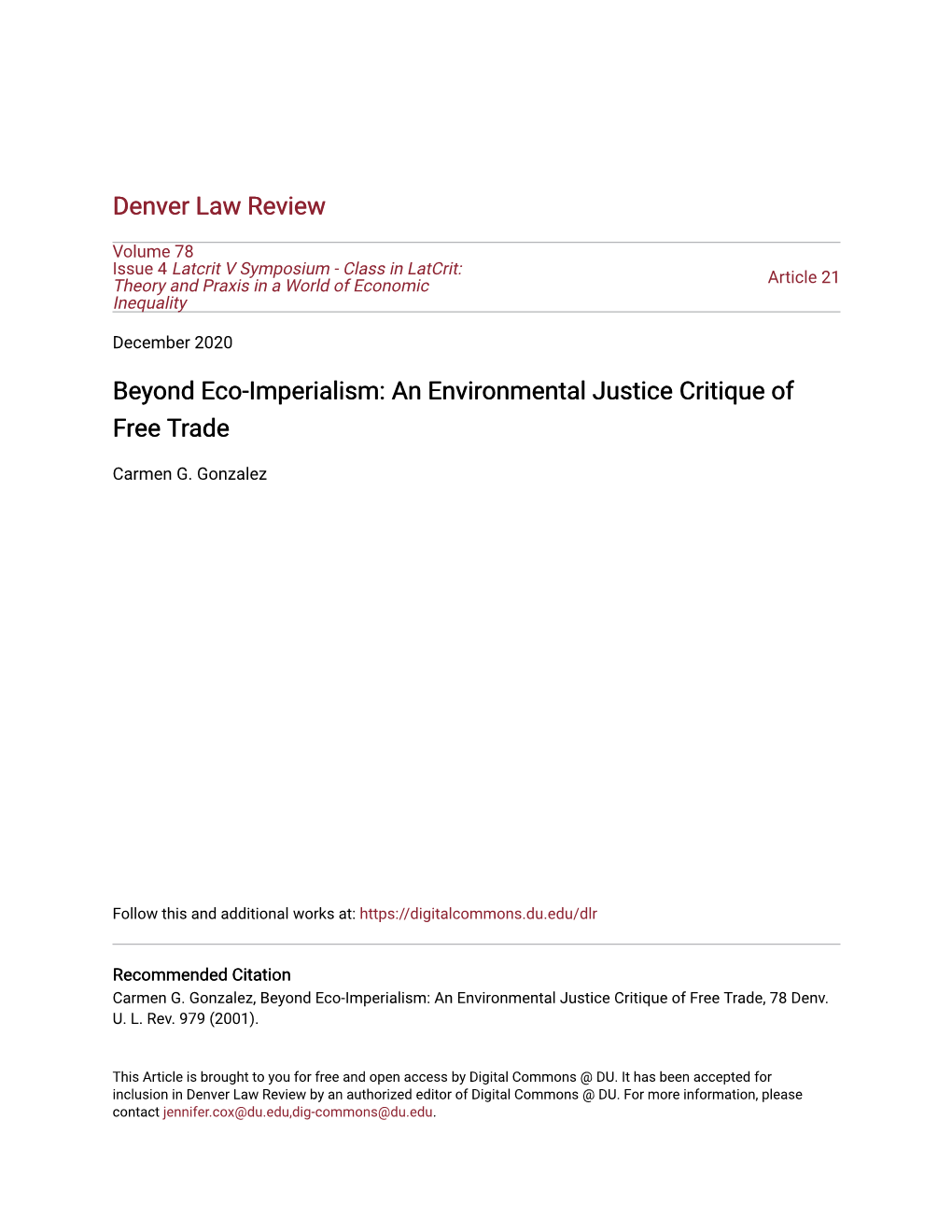 Beyond Eco-Imperialism: an Environmental Justice Critique of Free Trade