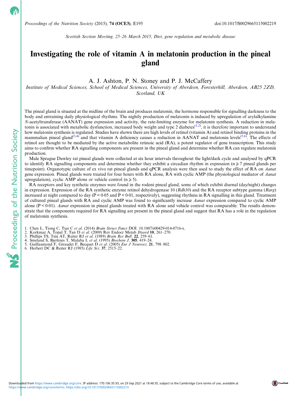 Investigating the Role of Vitamin a in Melatonin Production in the Pineal