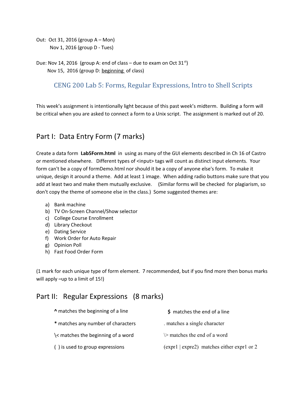 CENG 200 Lab 5: Forms, Regular Expressions, Intro to Shell Scripts
