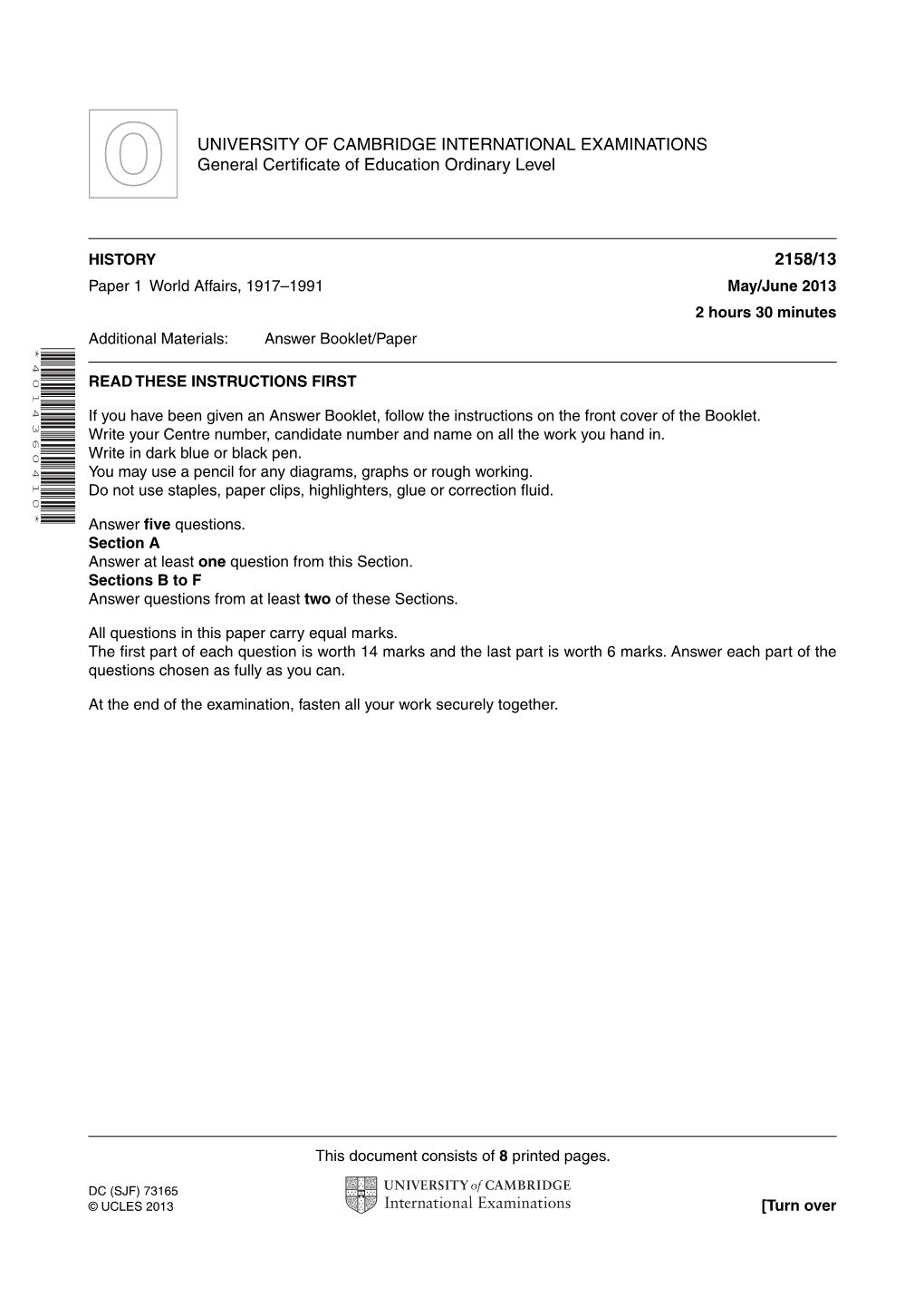 UNIVERSITY of CAMBRIDGE INTERNATIONAL EXAMINATIONS General Certificate of Education Ordinary Level