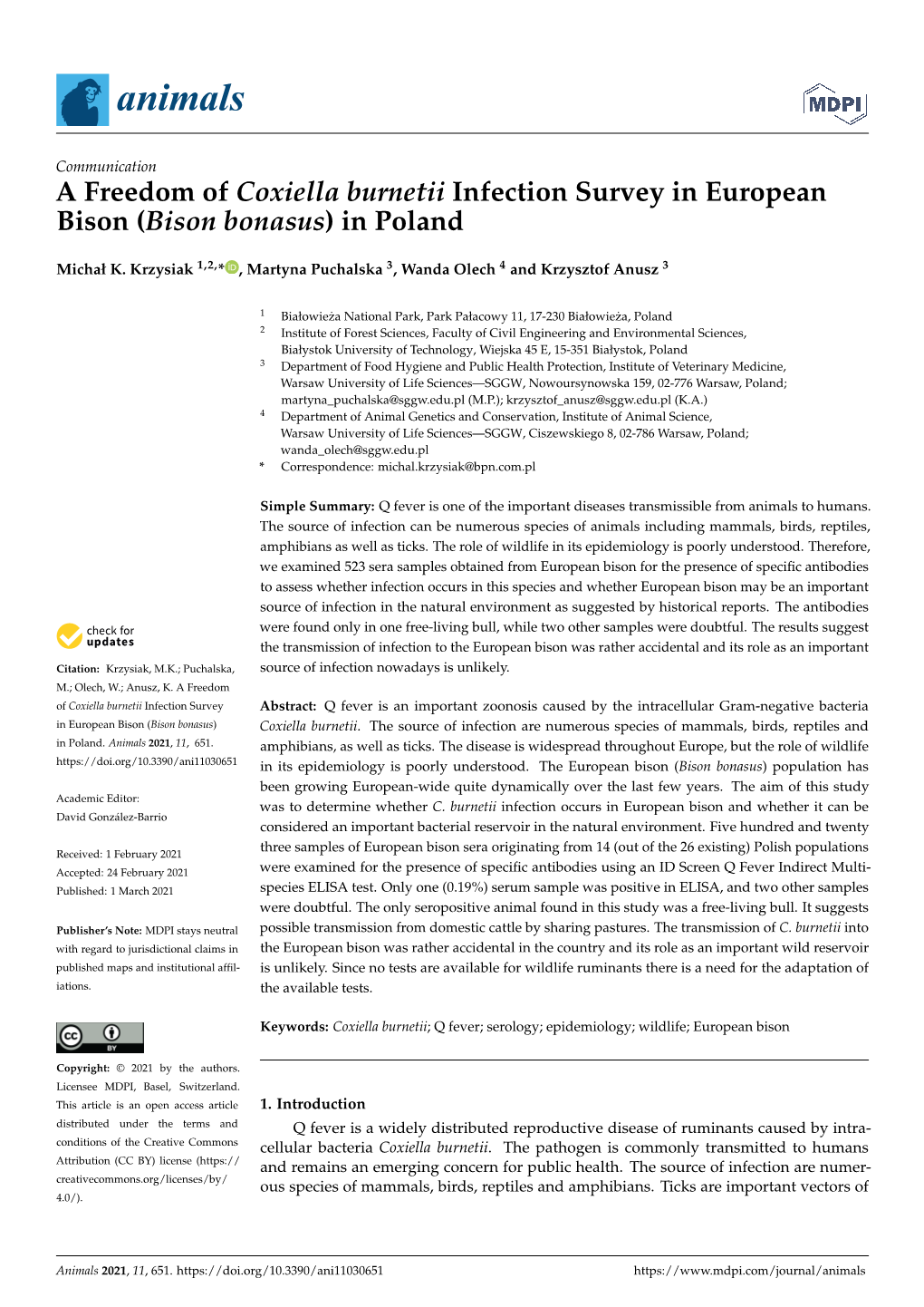 A Freedom of Coxiella Burnetii Infection Survey in European Bison (Bison Bonasus) in Poland