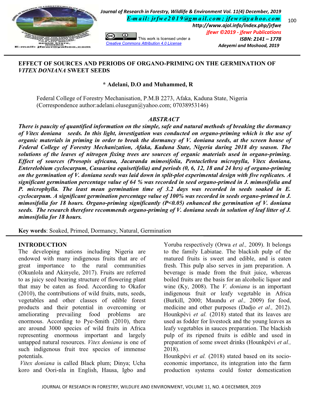 Effect of Sources and Periods of Organo-Priming on the Germination of Vitex Doniana Sweet Seeds