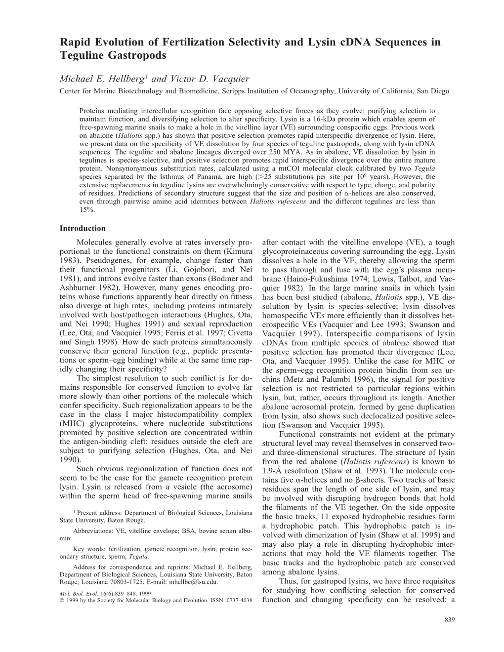 Rapid Evolution of Fertilization Selectivity and Lysin Cdna Sequences in Teguline Gastropods