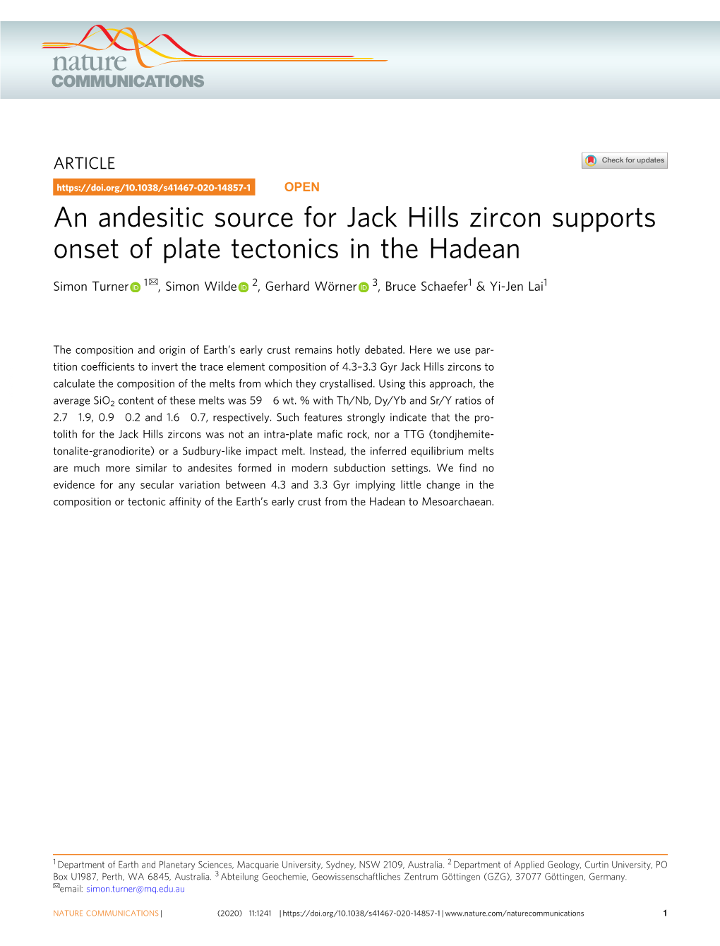 An Andesitic Source for Jack Hills Zircon Supports Onset of Plate