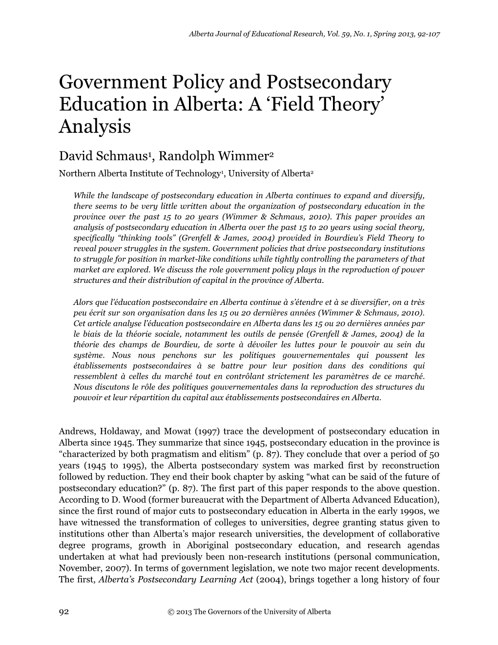 Government Policy and Postsecondary Education in Alberta: a ‘Field Theory’ Analysis