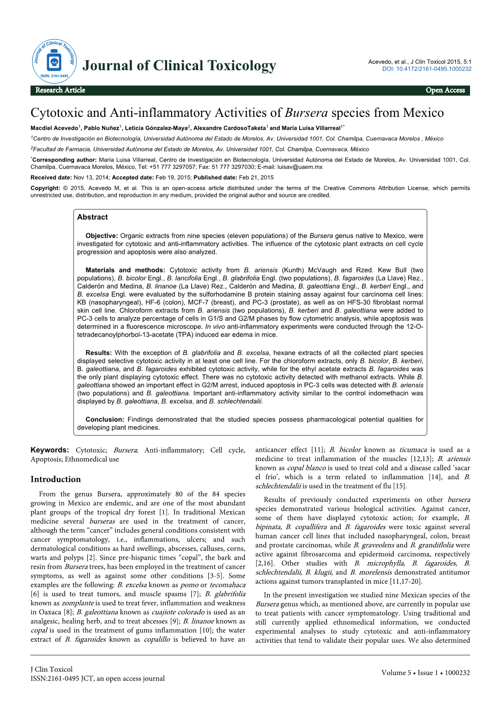 Cytotoxic and Anti-Inflammatory Activities of Bursera Species From