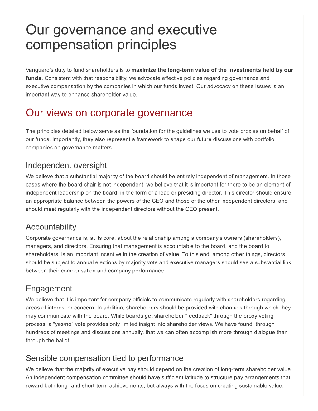 Vanguard's Governance and Executive Compensation Principles