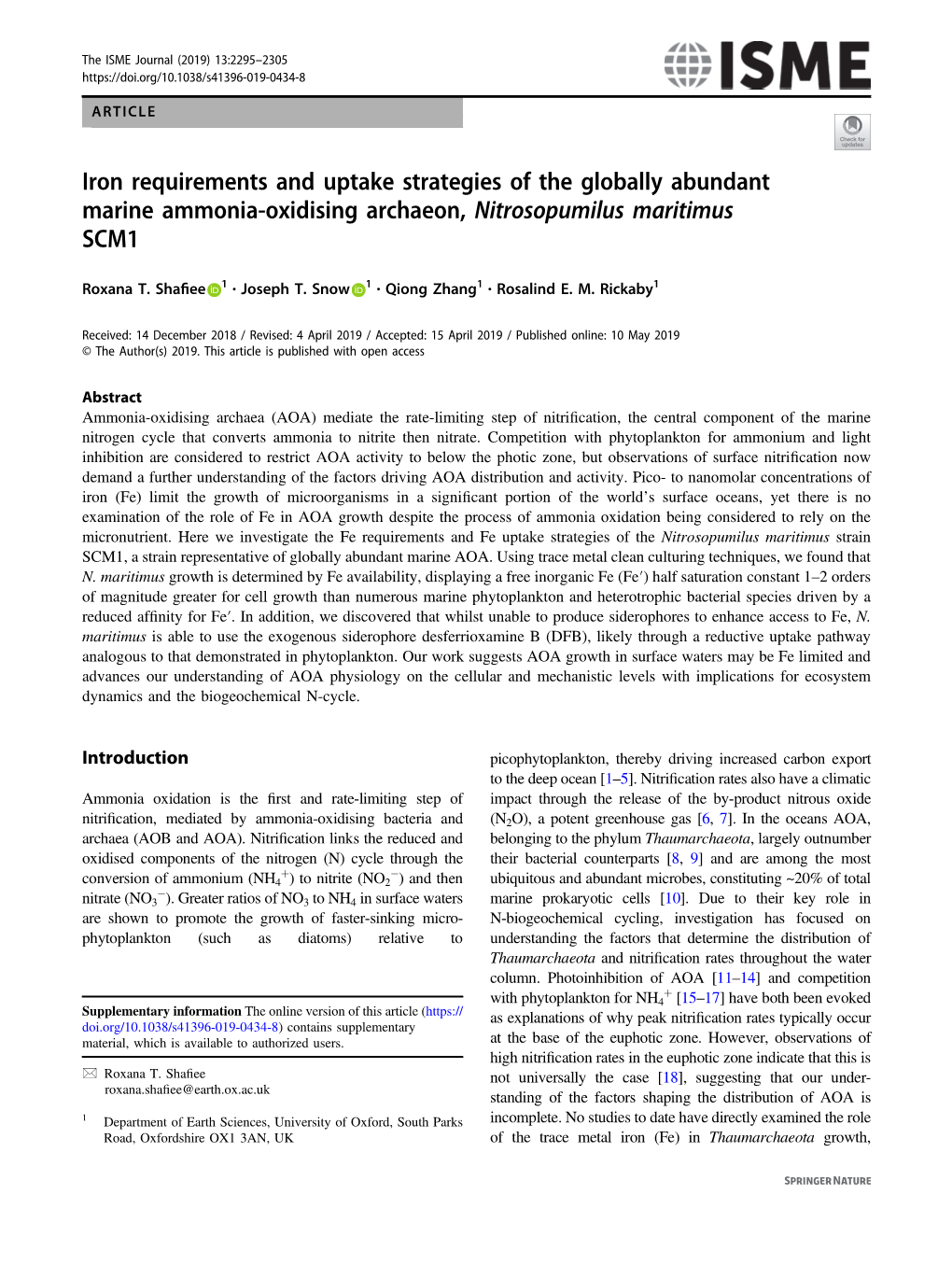 Iron Requirements and Uptake Strategies of the Globally Abundant Marine Ammonia-Oxidising Archaeon, Nitrosopumilus Maritimus SCM1