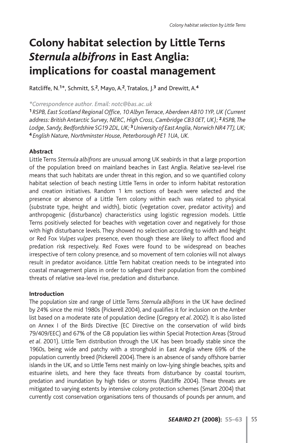 Colony Habitat Selection by Little Terns Sternula Albifrons in East Anglia: Implications for Coastal Management