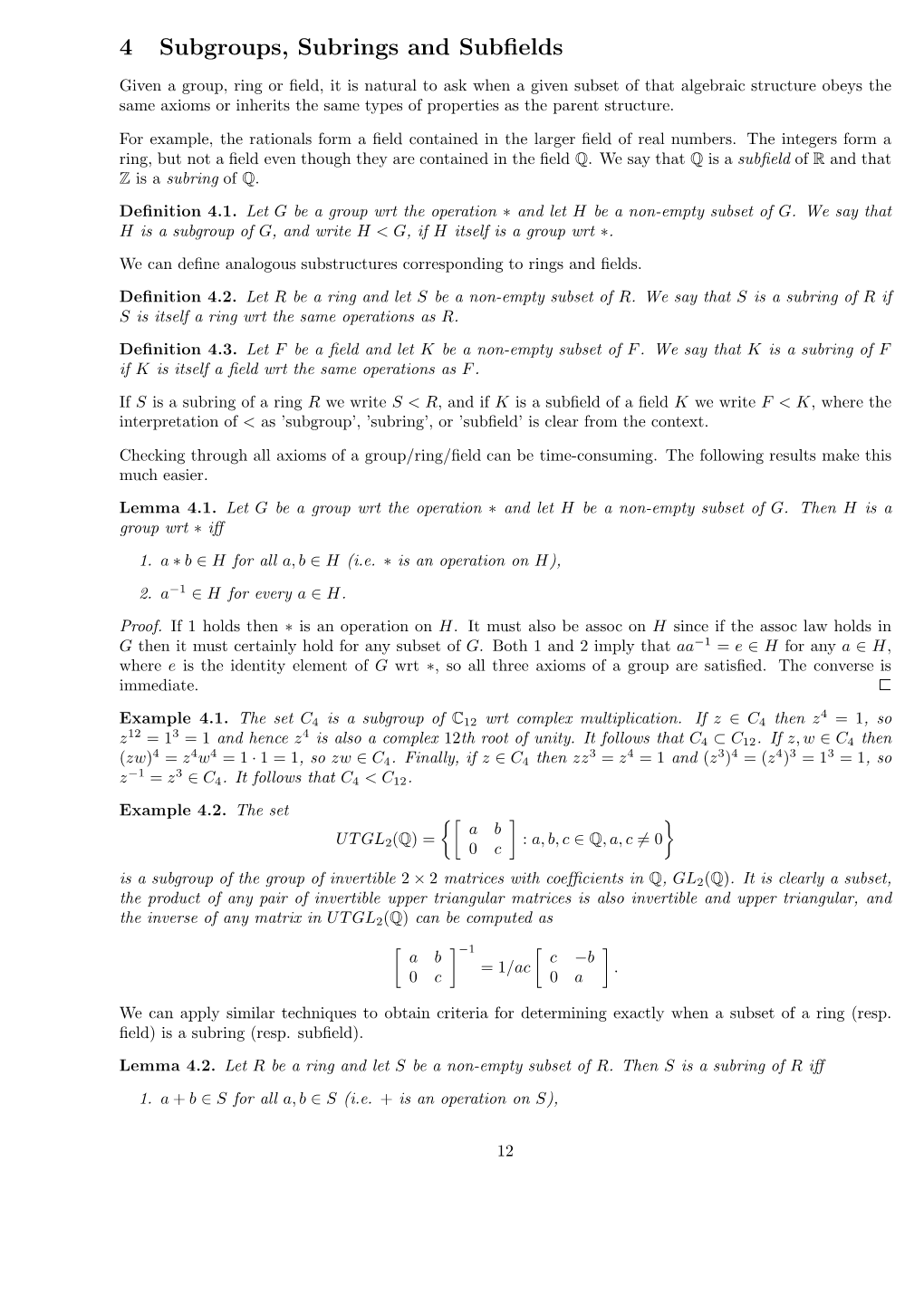 4 Subgroups, Subrings and Subfields