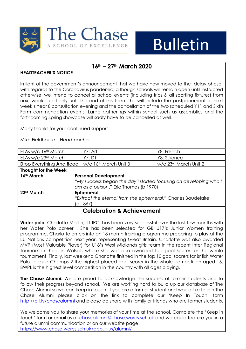 Bulletin 16Th March 2020