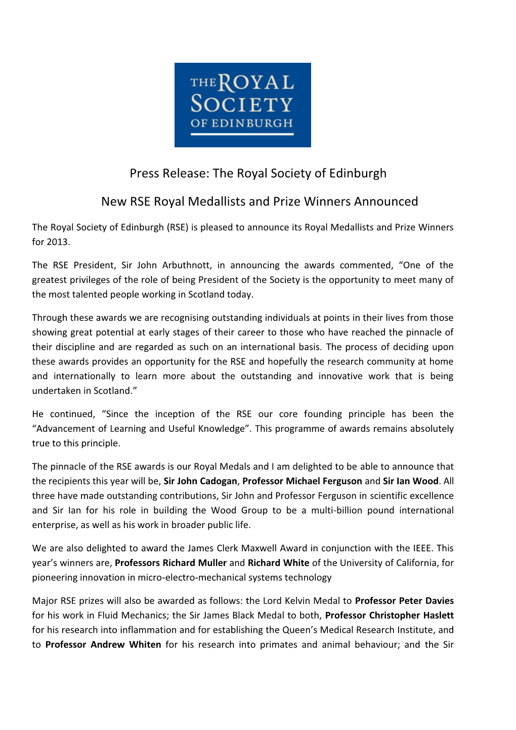 Press Release: the Royal Society of Edinburgh New RSE Royal