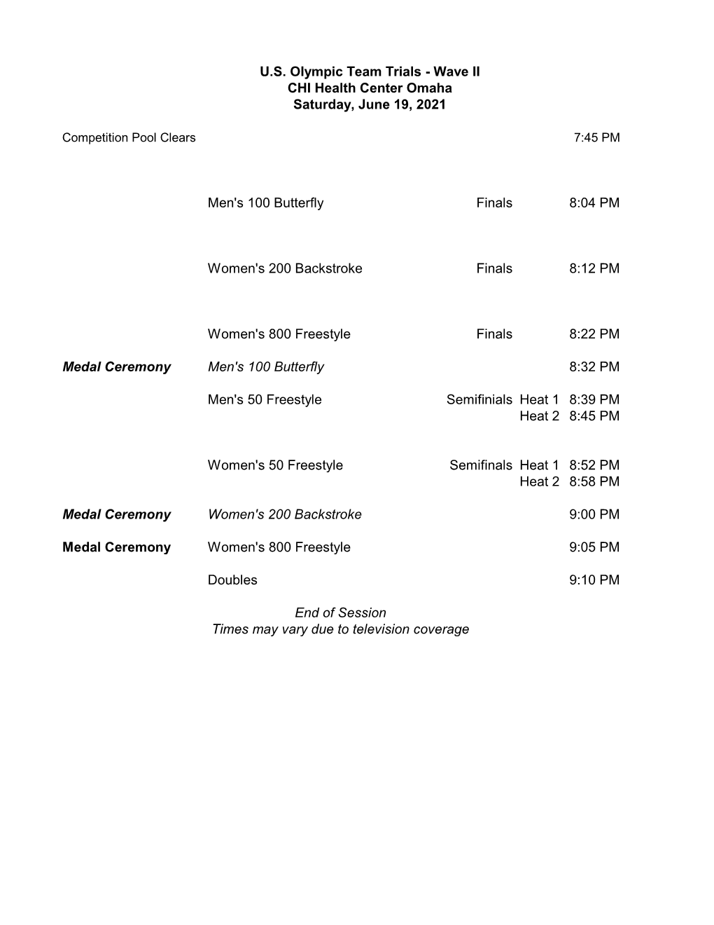 Men's 100 Butterfly Finals 8:04 PM Women's 200 Backstroke Finals 8