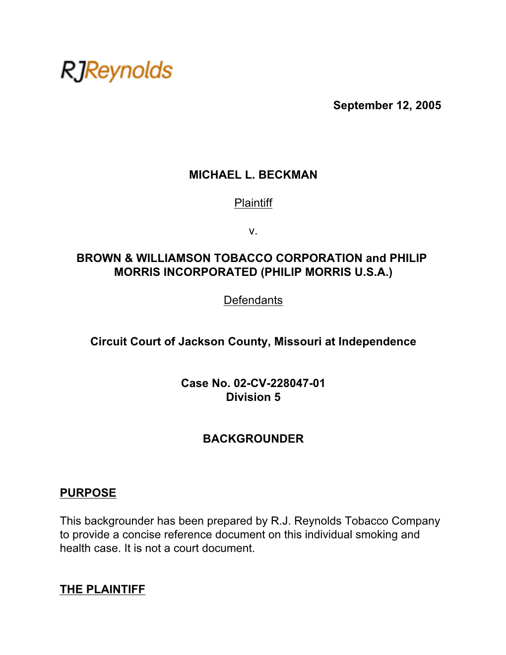 September 12, 2005 MICHAEL L. BECKMAN Plaintiff V. BROWN