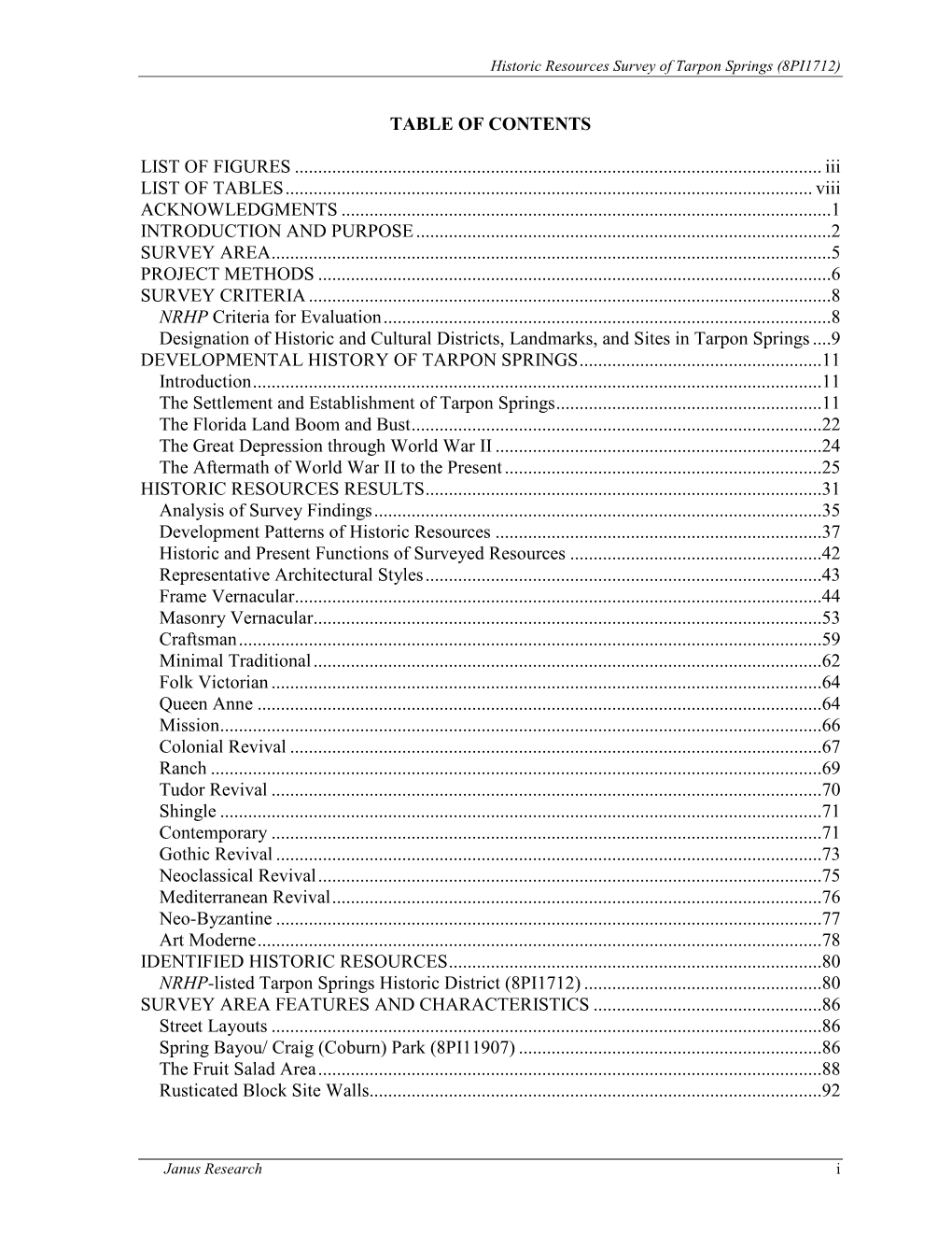 Historic Resources Survey of Tarpon Springs (8PI1712) Janus Research I