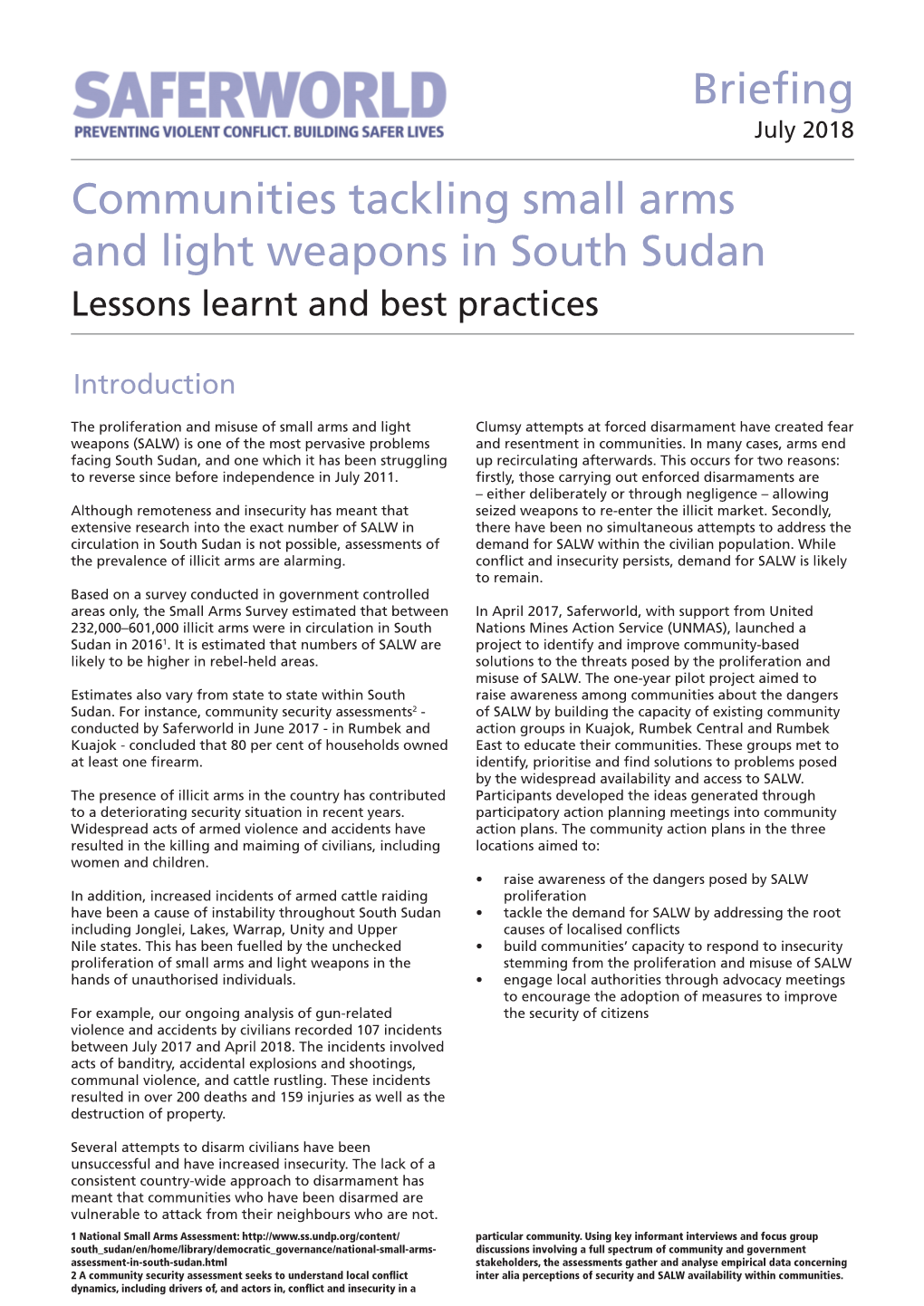 Communities Tackling Small Arms and Light Weapons in South Sudan Briefing