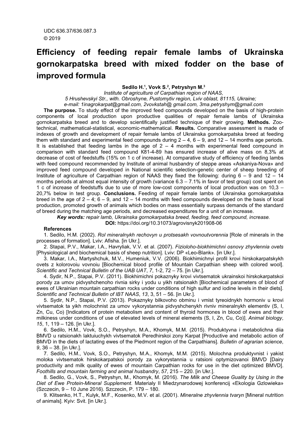 Efficiency of Feeding Repair Female Lambs of Ukrainska Gornokarpatska