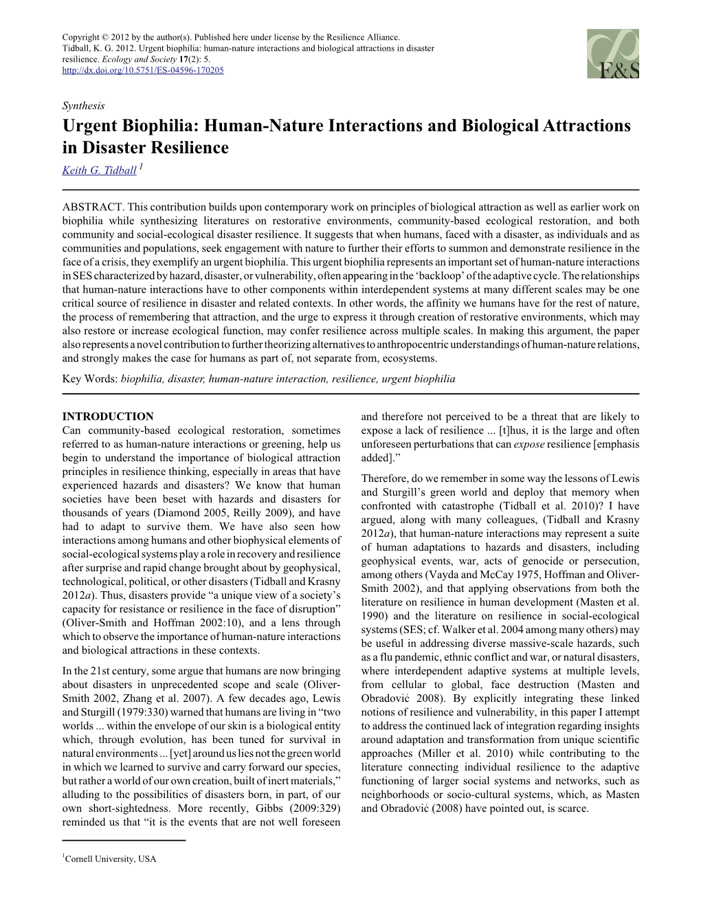 Urgent Biophilia: Human-Nature Interactions and Biological Attractions in Disaster Resilience