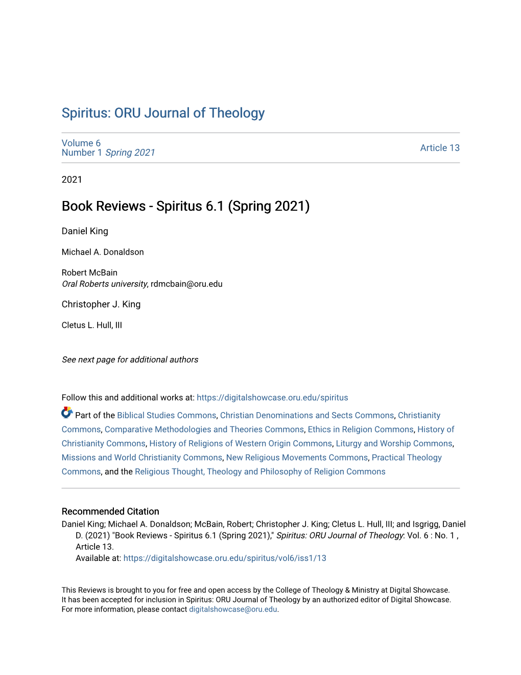 Spiritus: ORU Journal of Theology