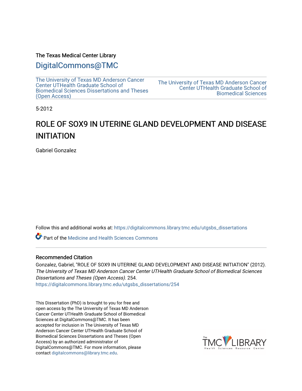 Role of Sox9 in Uterine Gland Development and Disease Initiation