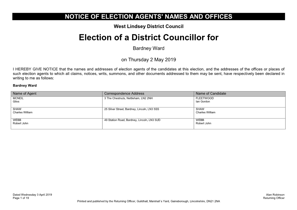 Notice of Election Agents' Names and Offices