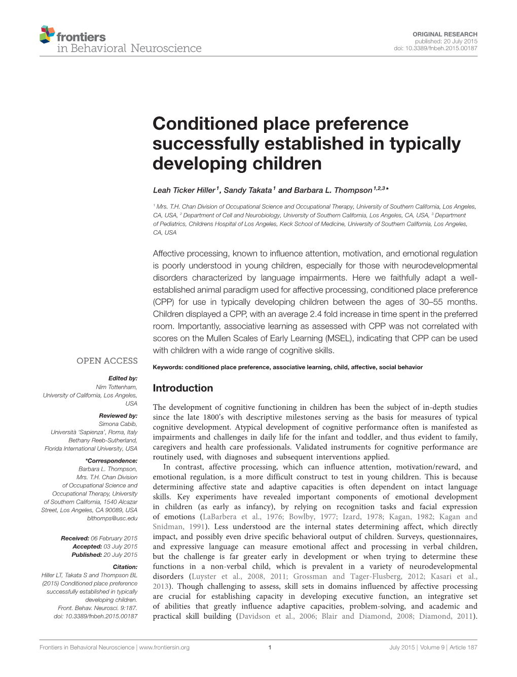 Conditioned Place Preference Successfully Established in Typically Developing Children