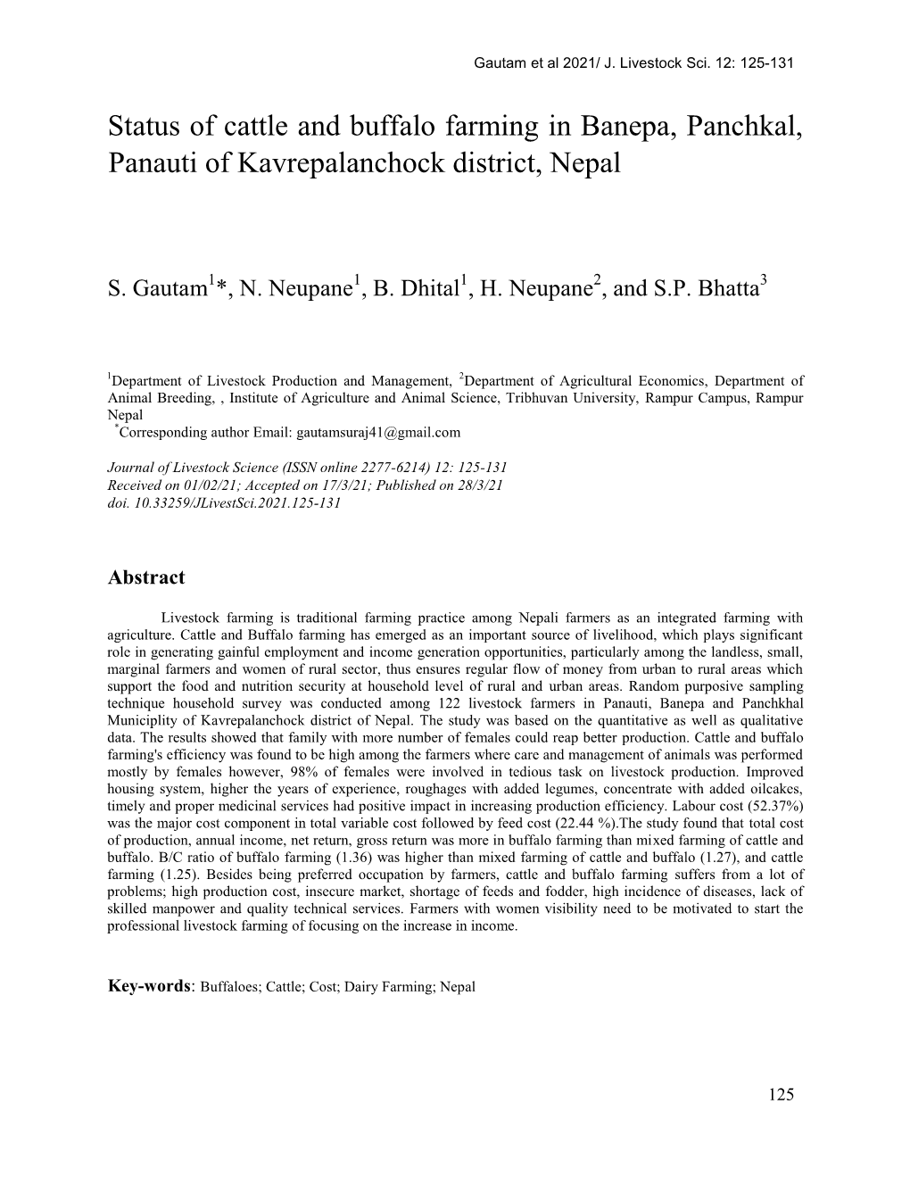 Status of Cattle and Buffalo Farming in Banepa, Panchkal, Panauti of Kavrepalanchock District, Nepal