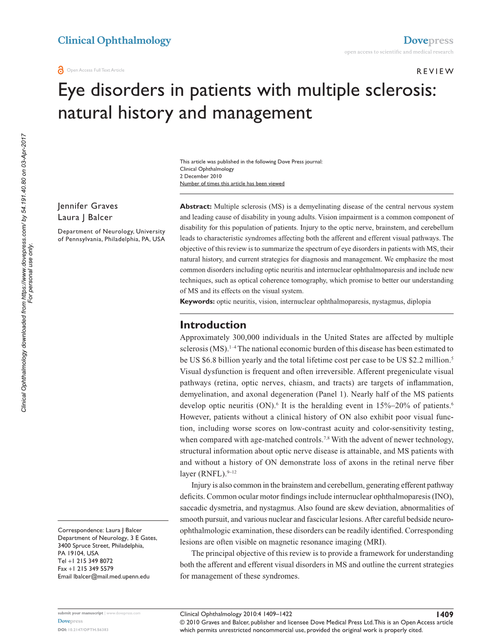 Eye Disorders in Patients with Multiple Sclerosis: Natural History and Management