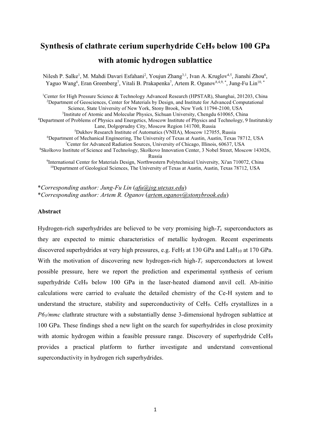 Synthesis of Clathrate Cerium Superhydride Ceh9 Below 100 Gpa with Atomic Hydrogen Sublattice