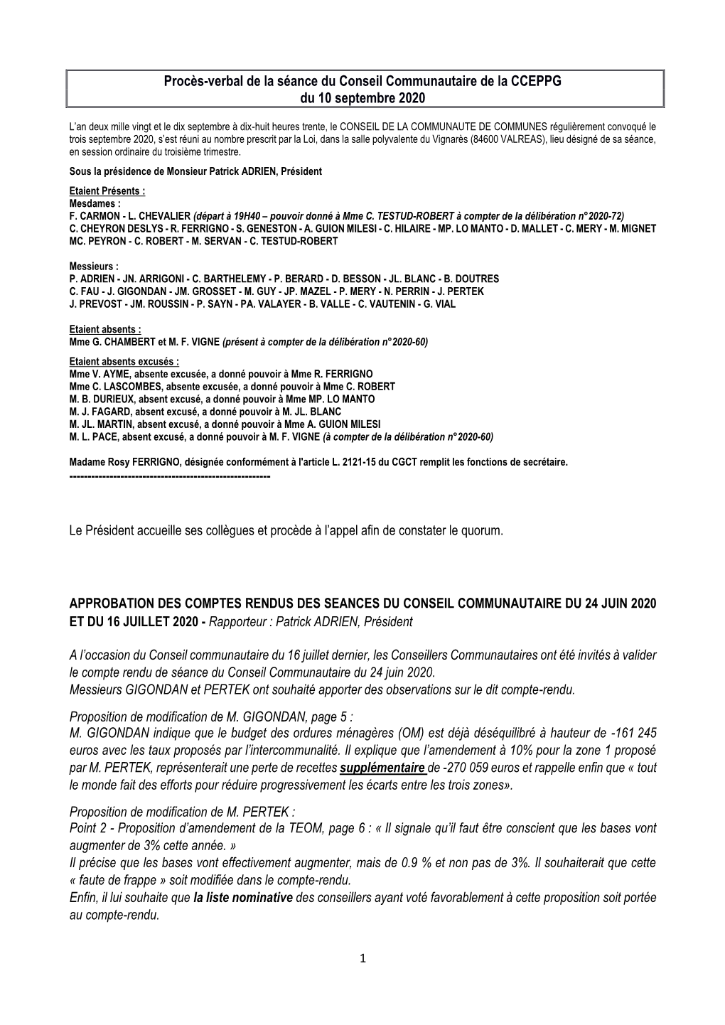 Procès-Verbal De La Séance Du Conseil Communautaire De La CCEPPG Du 10 Septembre 2020