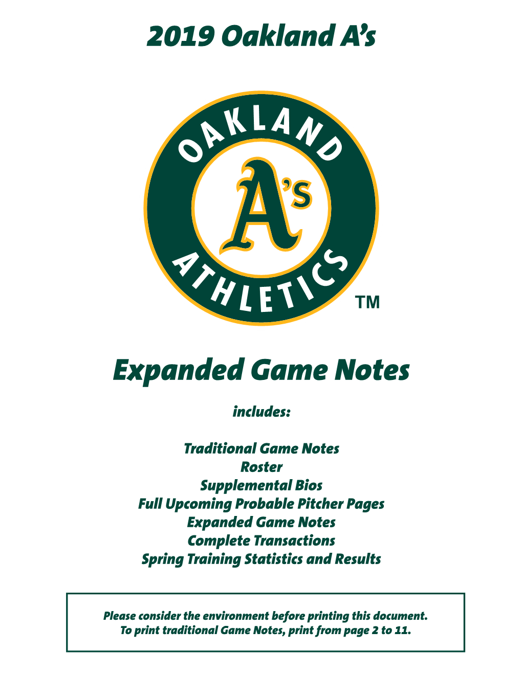2019 Oakland A's Expanded Game Notes