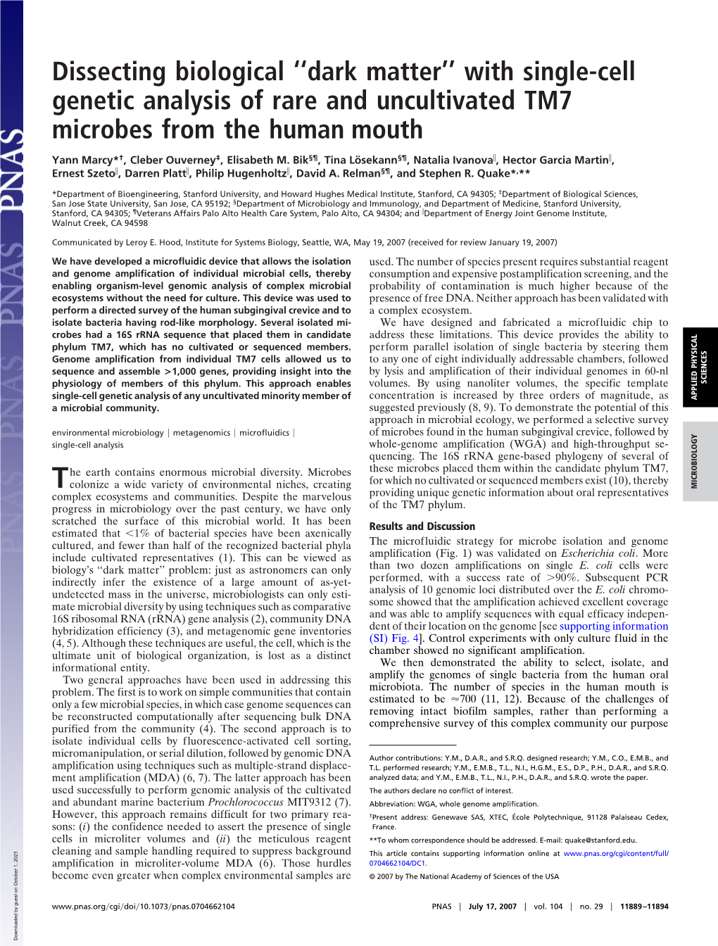With Single-Cell Genetic Analysis of Rare and Uncultivated TM7 Microbes from the Human Mouth