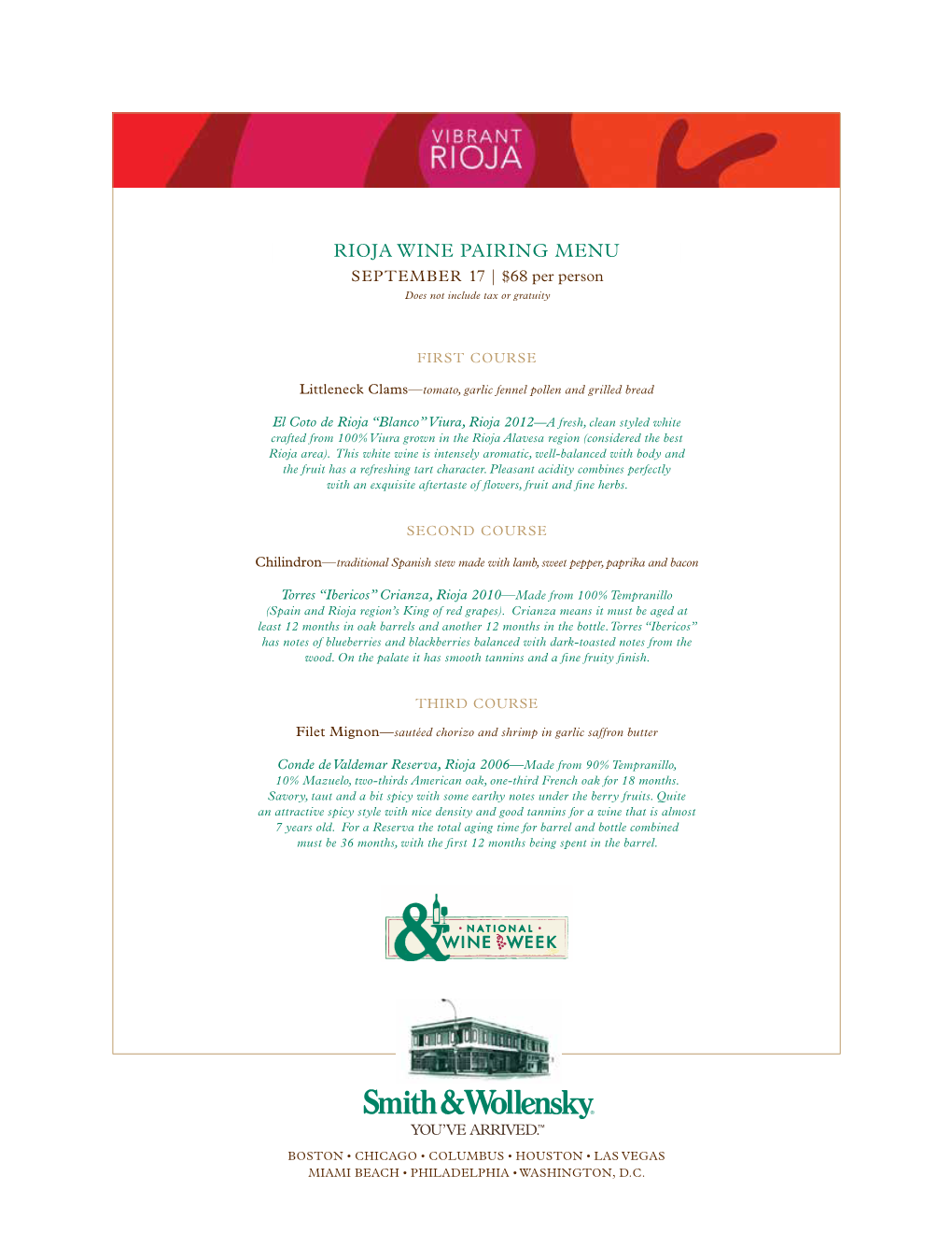 Rioja Wine Pairing Menu September 17 | $68 Per Person Does Not Include Tax Or Gratuity