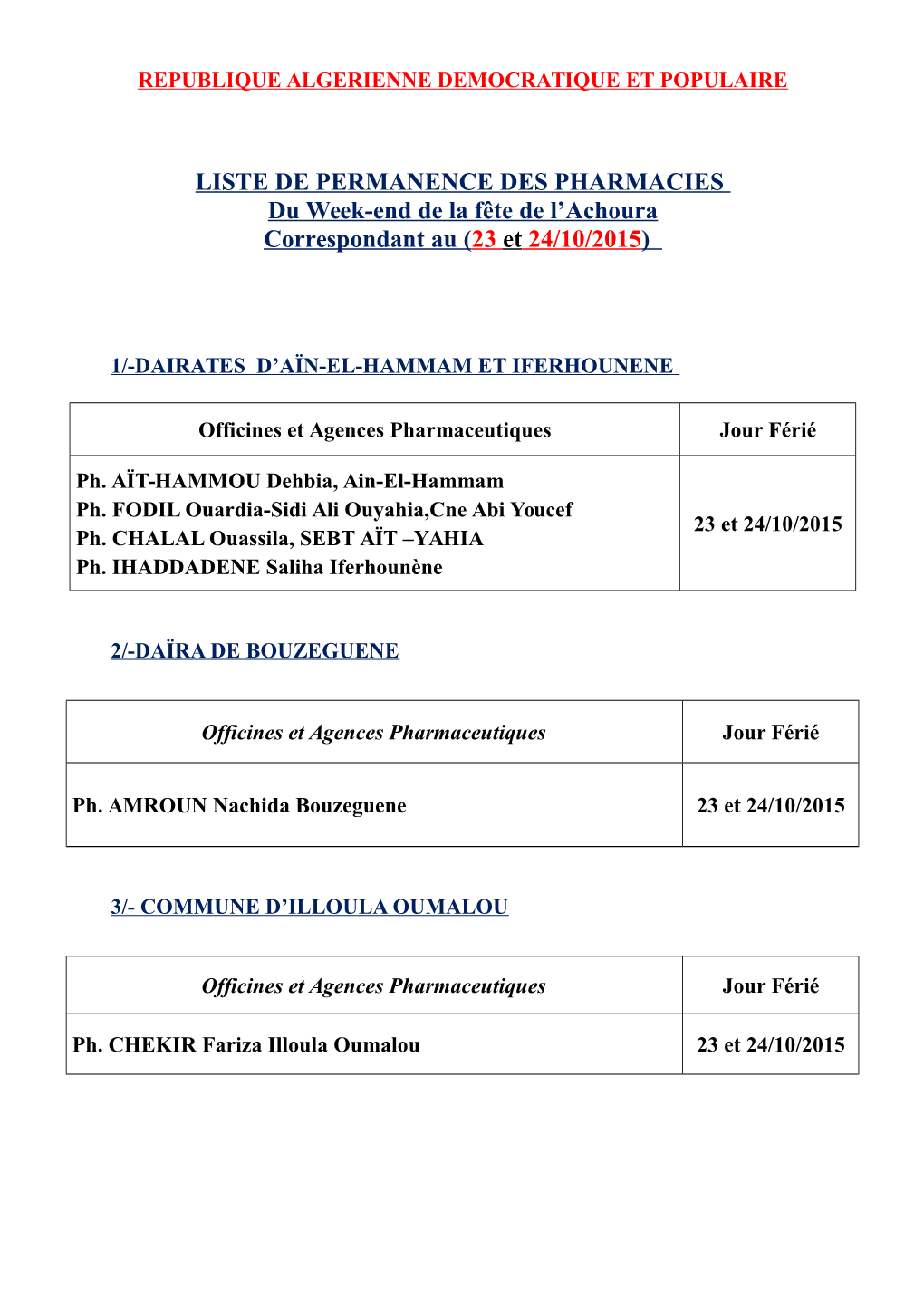 LISTE DE PERMANENCE DES PHARMACIES Du Week-End De La Fête De L'achoura Correspondant Au (23 Et 24/10/2015)