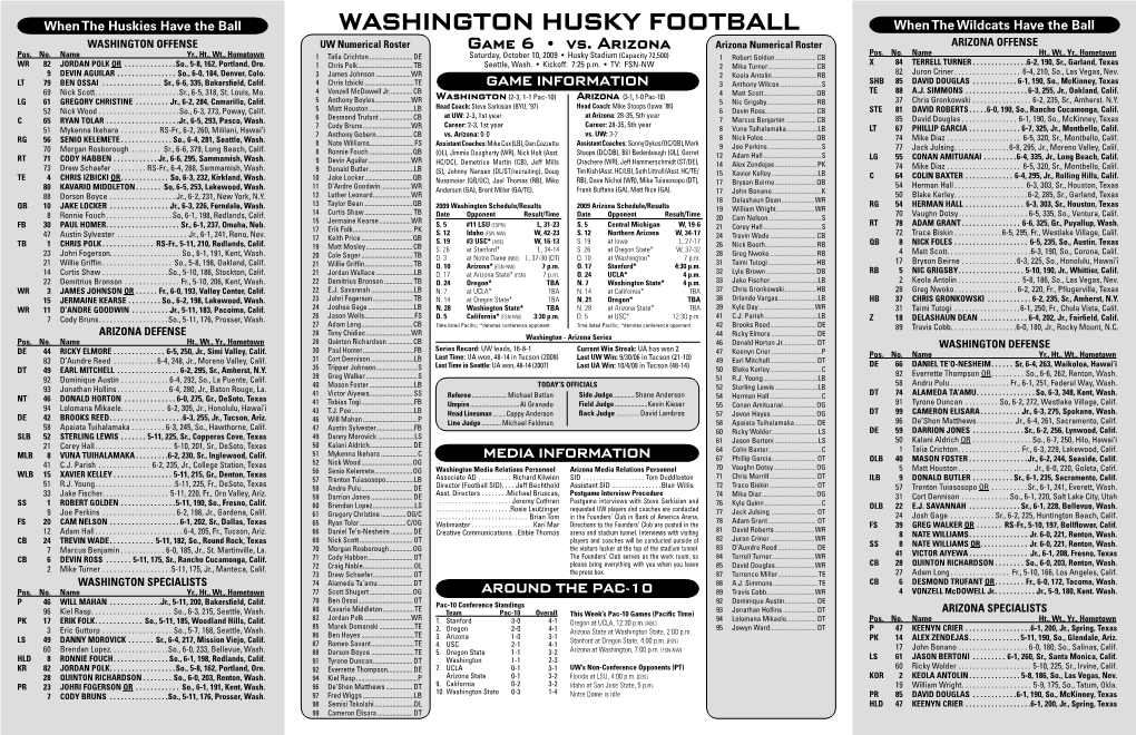 WASHINGTON HUSKY FOOTBALL When the Wildcats Have the Ball WASHINGTON OFFENSE UW Numerical Roster Game 6 • Vs