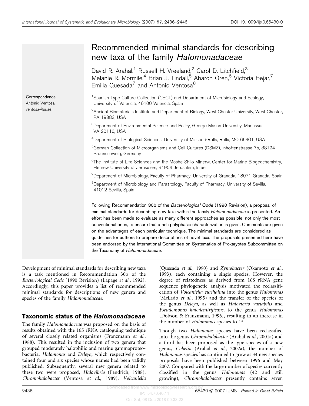 Recommended Minimal Standards for Describing New Taxa of the Family Halomonadaceae