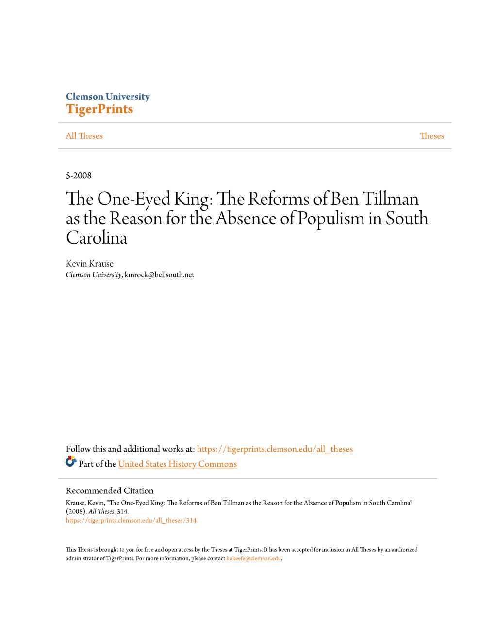 The Reforms of Ben Tillman As the Reason for the Absence of Populism in South Carolina Kevin Krause Clemson University, Kmrock@Bellsouth.Net