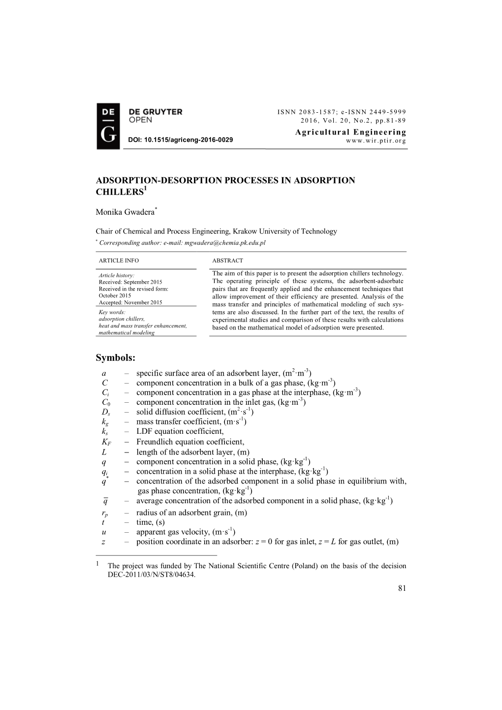 Adsorption-Desorption Processes in Adsorption Chillers1