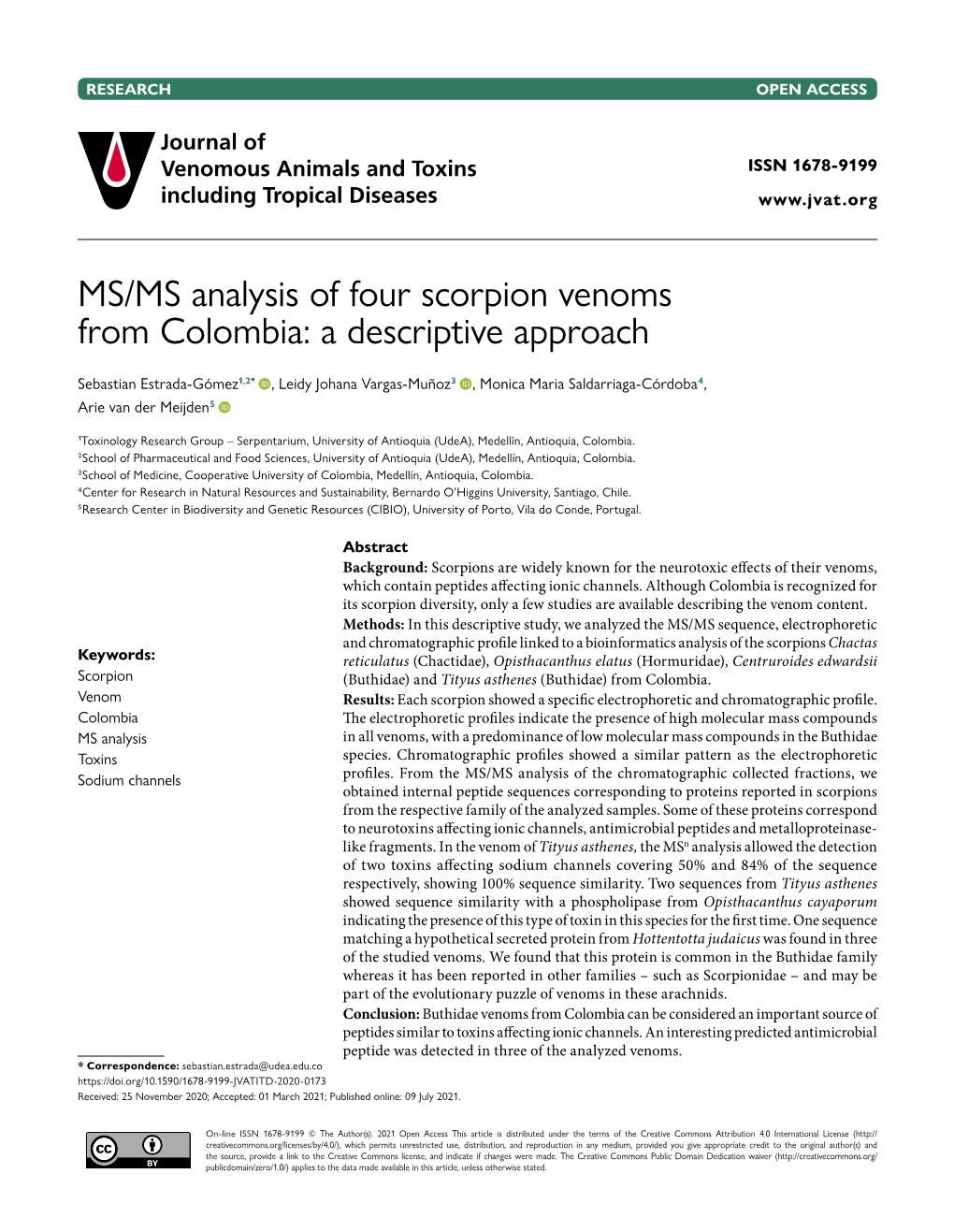 MS/MS Analysis of Four Scorpion Venoms from Colombia: a Descriptive Approach