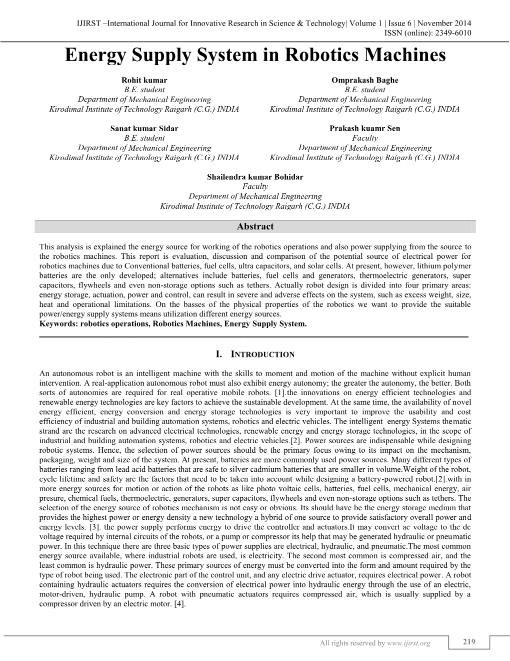 Energy Supply System in Robotics Machines