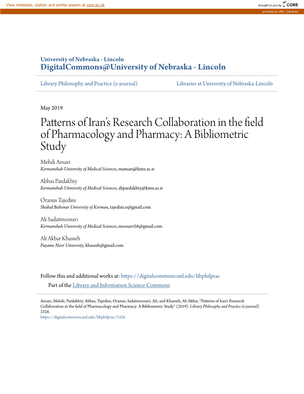 Patterns of Iran's Research Collaboration in the Field Of