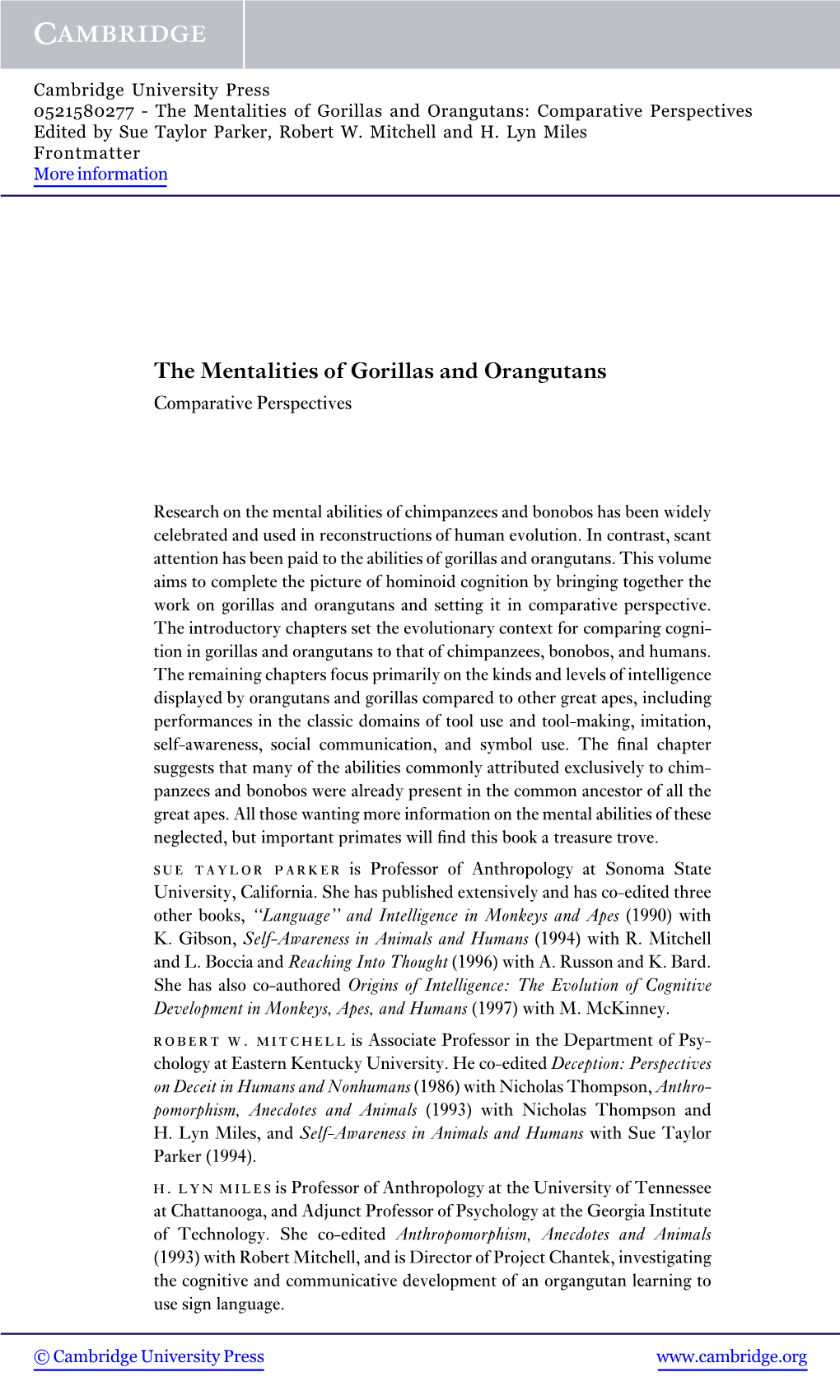 The Mentalities of Gorillas and Orangutans: Comparative Perspectives Edited by Sue Taylor Parker, Robert W