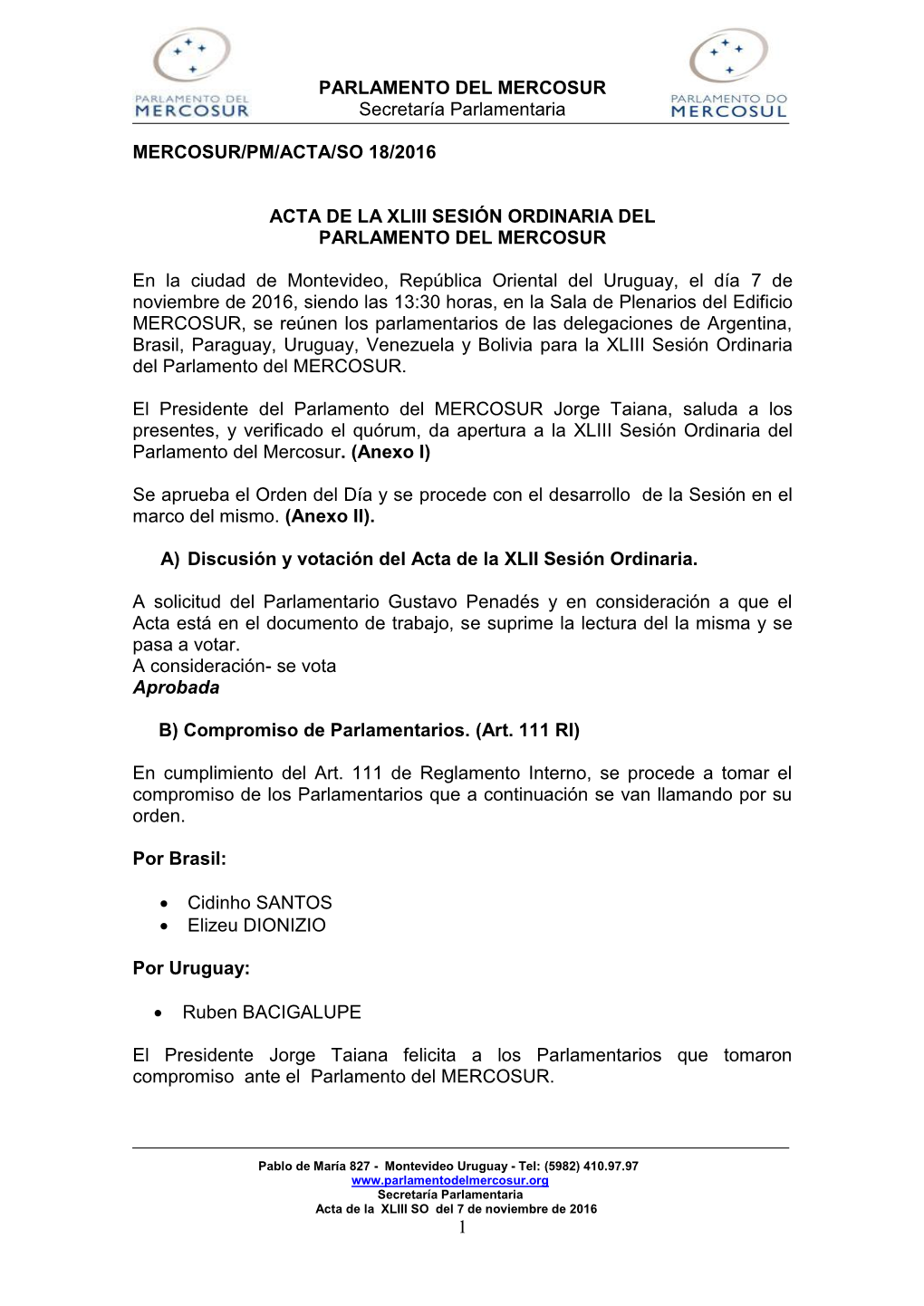 Acta Aprobada De La XLIII Sesión Ordinaria Del Parlamento Del