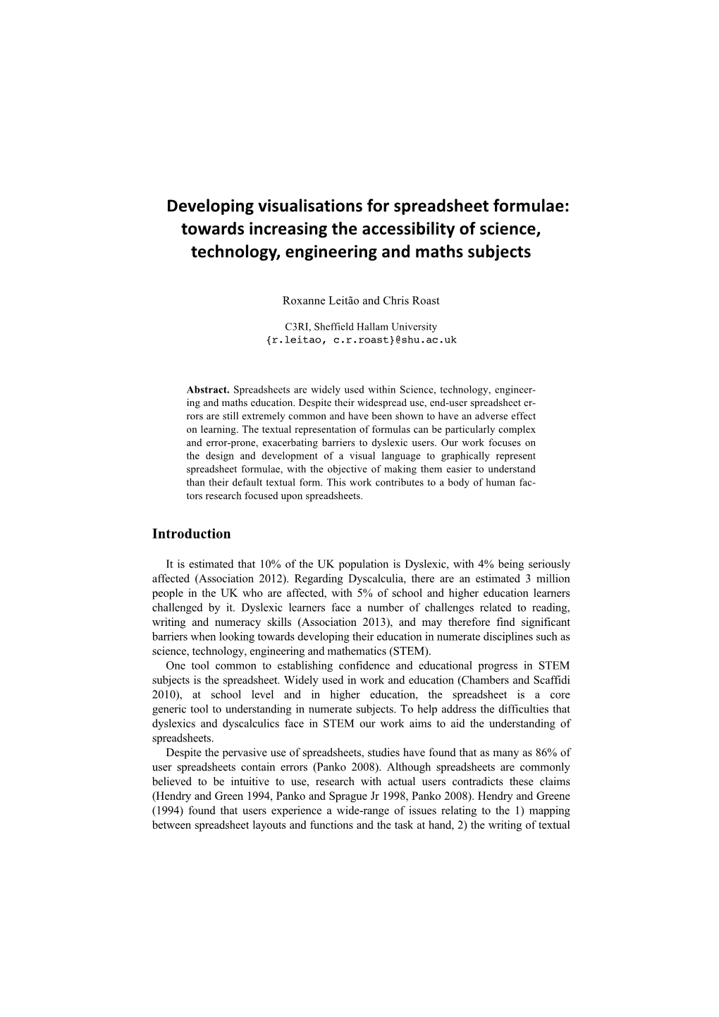 Developing Visualisations for Spreadsheet Formulae: Towards Increasing the Accessibility of Science, Technology, Engineering and Maths Subjects