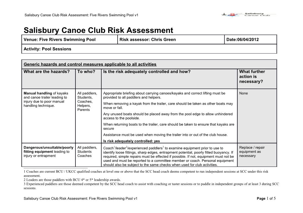 Risk Assessment for BCU Level 1 and Level 2 Coaches