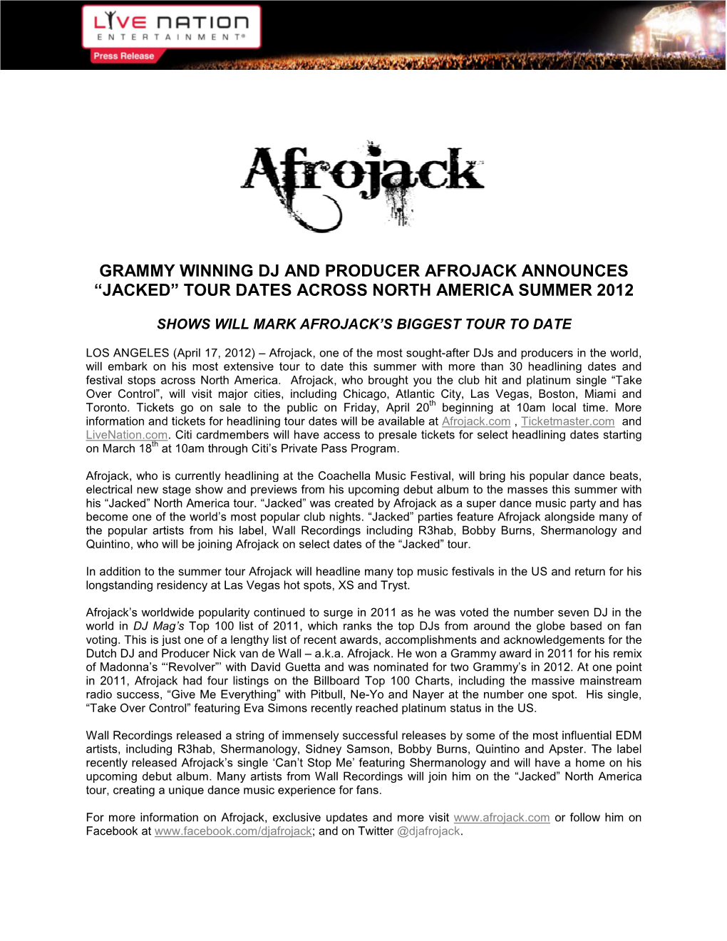 Afrojack Announces “Jacked” Tour Dates Across North a Merica Summer 2012