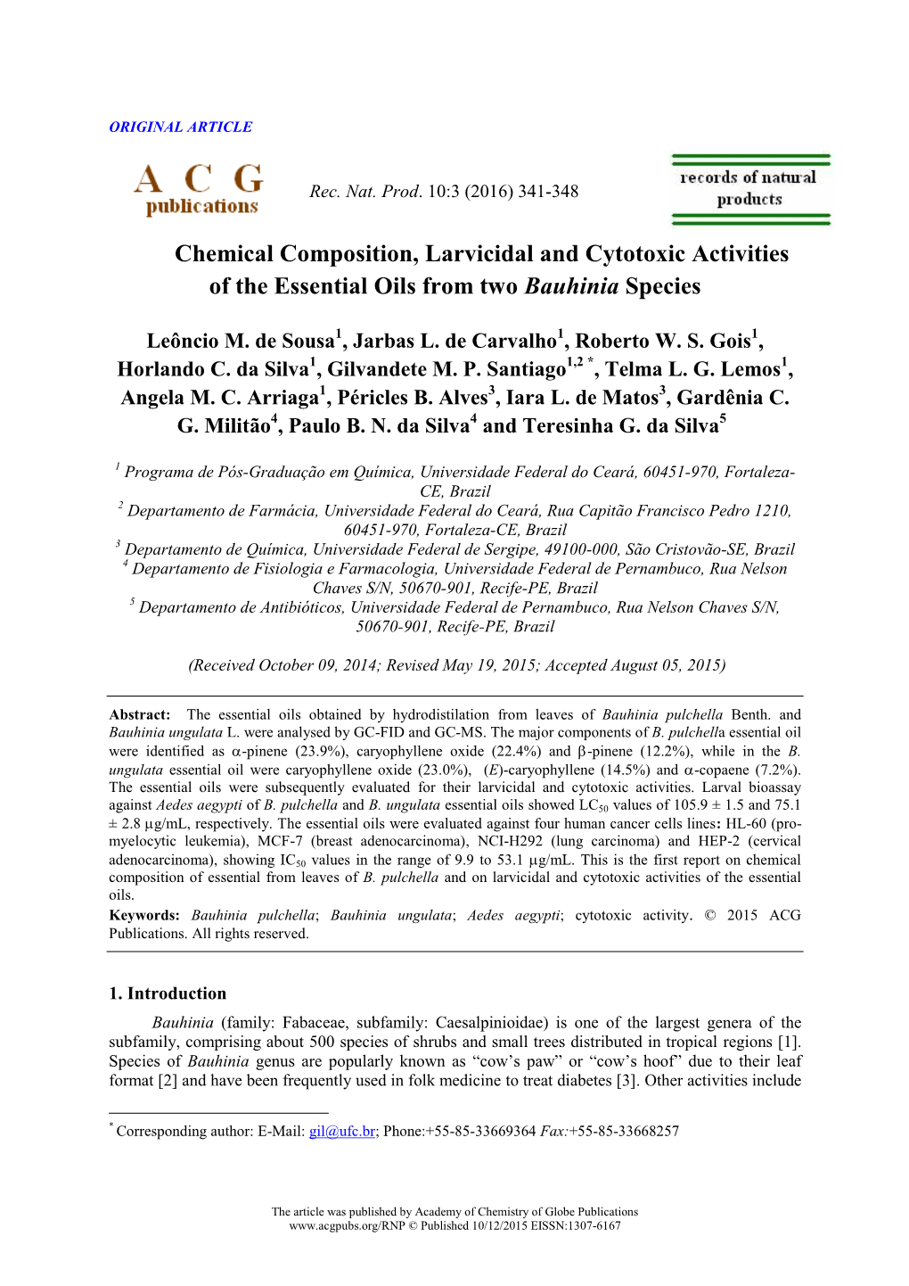 Chemical Composition, Larvicidal and Cytotoxic Activities of the Essential Oils from Two Bauhinia Species